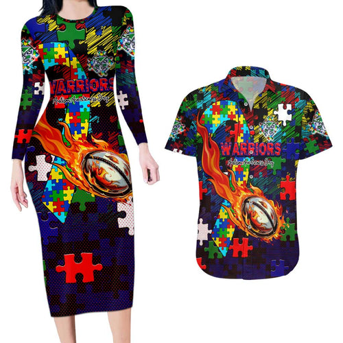 New Zealand Warriors Autism Awareness Couples Matching Long Sleeve Bodycon Dress and Hawaiian Shirt Puzzle Flames Rugby Ball
