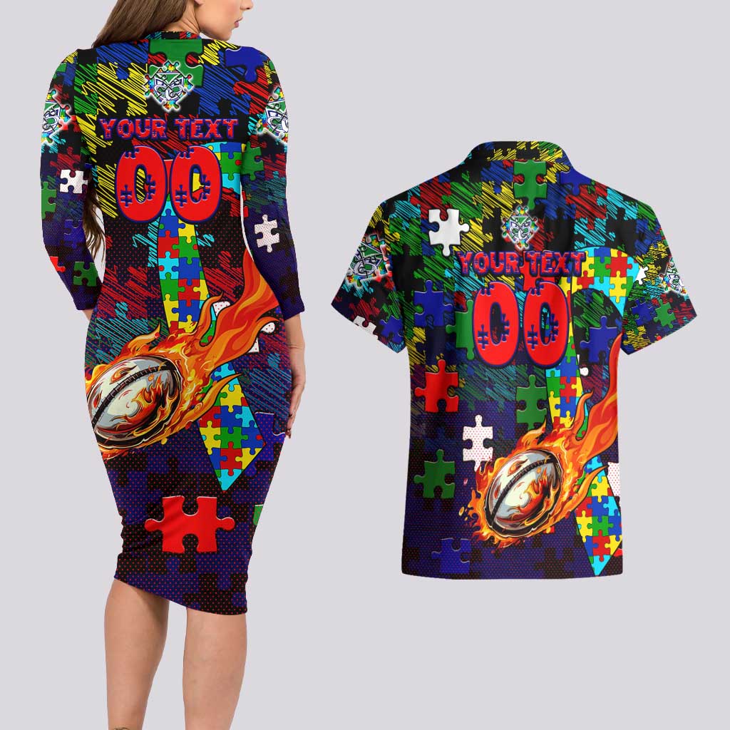 New Zealand Warriors Autism Awareness Couples Matching Long Sleeve Bodycon Dress and Hawaiian Shirt Puzzle Flames Rugby Ball