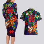 New Zealand Warriors Autism Awareness Couples Matching Long Sleeve Bodycon Dress and Hawaiian Shirt Puzzle Flames Rugby Ball