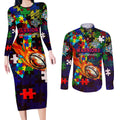 New Zealand Warriors Autism Awareness Couples Matching Long Sleeve Bodycon Dress and Long Sleeve Button Shirt Puzzle Flames Rugby Ball