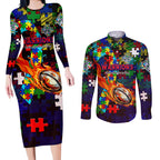 New Zealand Warriors Autism Awareness Couples Matching Long Sleeve Bodycon Dress and Long Sleeve Button Shirt Puzzle Flames Rugby Ball