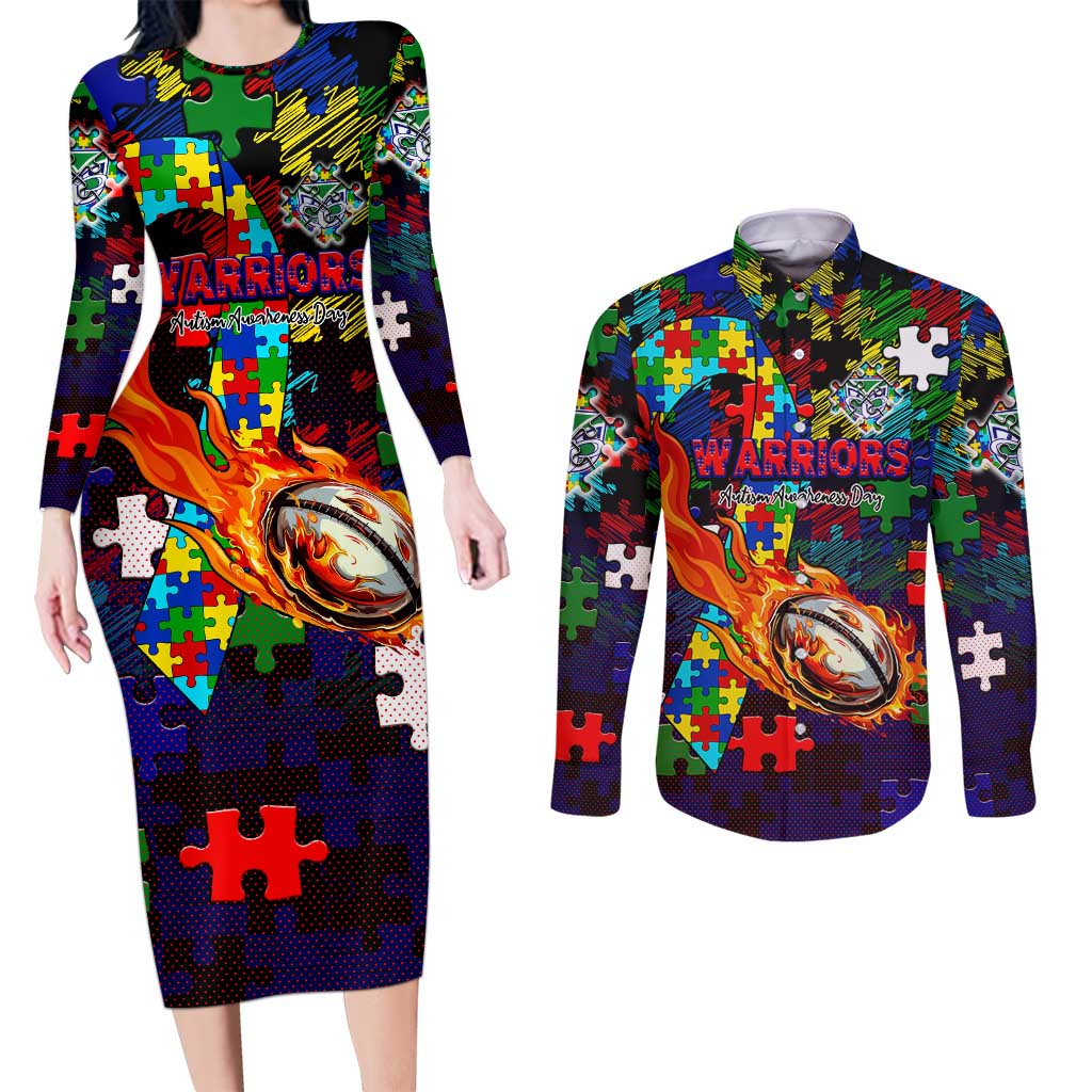 New Zealand Warriors Autism Awareness Couples Matching Long Sleeve Bodycon Dress and Long Sleeve Button Shirt Puzzle Flames Rugby Ball
