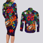New Zealand Warriors Autism Awareness Couples Matching Long Sleeve Bodycon Dress and Long Sleeve Button Shirt Puzzle Flames Rugby Ball
