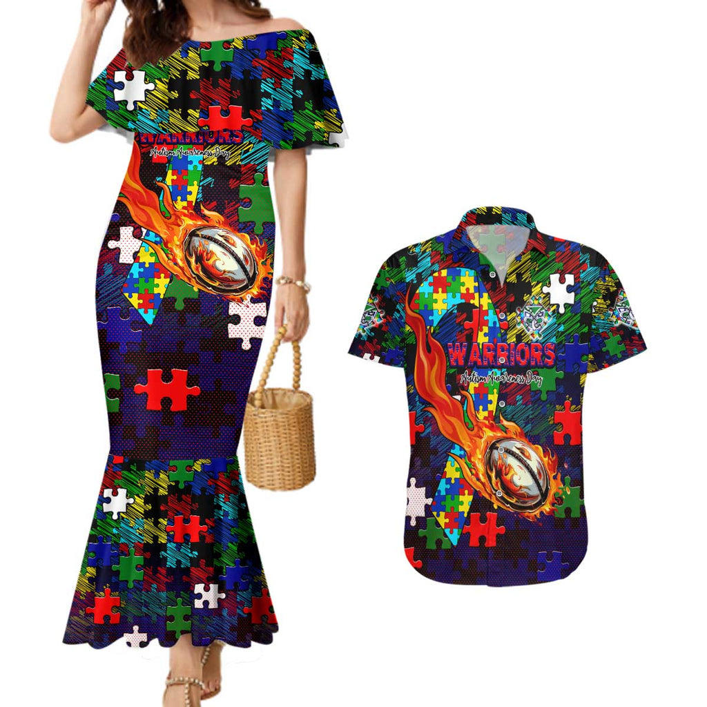 New Zealand Warriors Autism Awareness Couples Matching Mermaid Dress and Hawaiian Shirt Puzzle Flames Rugby Ball