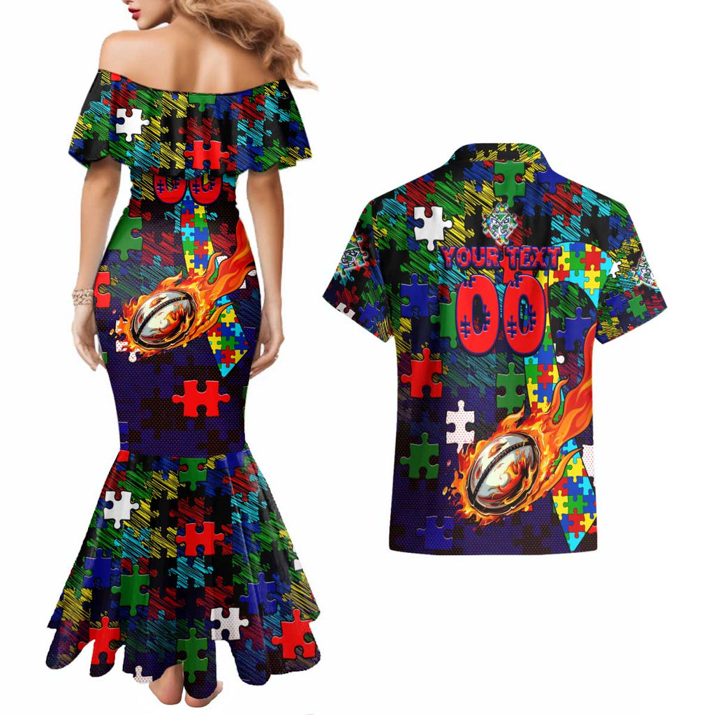 New Zealand Warriors Autism Awareness Couples Matching Mermaid Dress and Hawaiian Shirt Puzzle Flames Rugby Ball