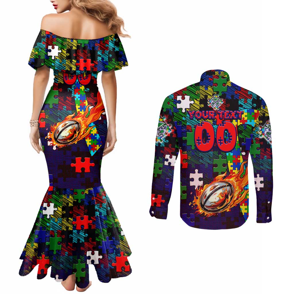 New Zealand Warriors Autism Awareness Couples Matching Mermaid Dress and Long Sleeve Button Shirt Puzzle Flames Rugby Ball
