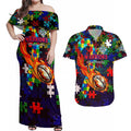 New Zealand Warriors Autism Awareness Couples Matching Off Shoulder Maxi Dress and Hawaiian Shirt Puzzle Flames Rugby Ball