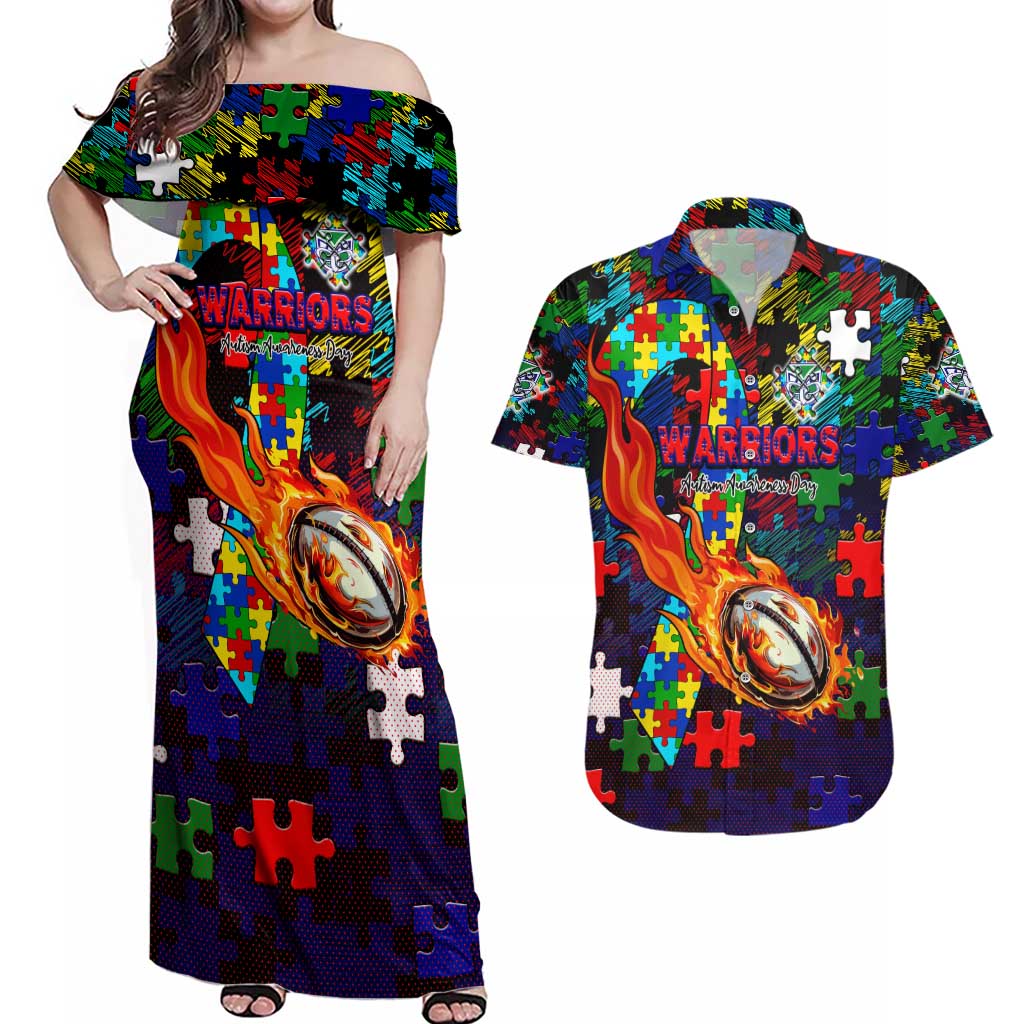 New Zealand Warriors Autism Awareness Couples Matching Off Shoulder Maxi Dress and Hawaiian Shirt Puzzle Flames Rugby Ball