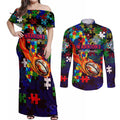 New Zealand Warriors Autism Awareness Couples Matching Off Shoulder Maxi Dress and Long Sleeve Button Shirt Puzzle Flames Rugby Ball