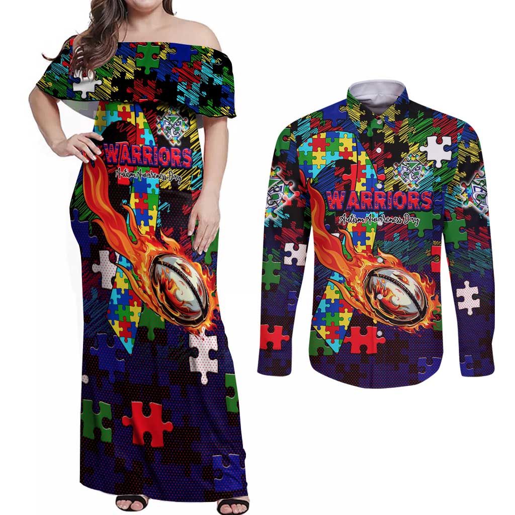 New Zealand Warriors Autism Awareness Couples Matching Off Shoulder Maxi Dress and Long Sleeve Button Shirt Puzzle Flames Rugby Ball