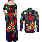New Zealand Warriors Autism Awareness Couples Matching Off Shoulder Maxi Dress and Long Sleeve Button Shirt Puzzle Flames Rugby Ball