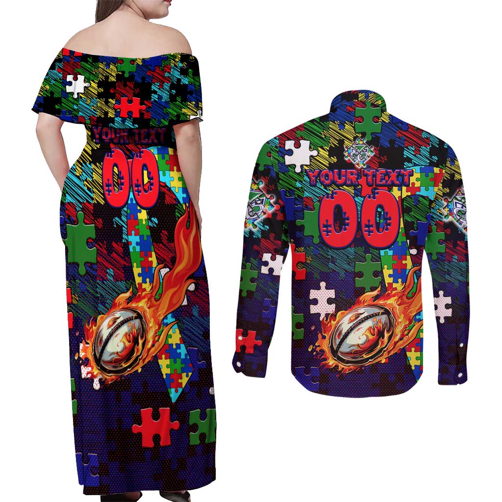 New Zealand Warriors Autism Awareness Couples Matching Off Shoulder Maxi Dress and Long Sleeve Button Shirt Puzzle Flames Rugby Ball