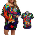 New Zealand Warriors Autism Awareness Couples Matching Off Shoulder Short Dress and Hawaiian Shirt Puzzle Flames Rugby Ball