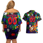 New Zealand Warriors Autism Awareness Couples Matching Off Shoulder Short Dress and Hawaiian Shirt Puzzle Flames Rugby Ball
