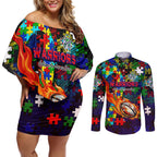 New Zealand Warriors Autism Awareness Couples Matching Off Shoulder Short Dress and Long Sleeve Button Shirt Puzzle Flames Rugby Ball