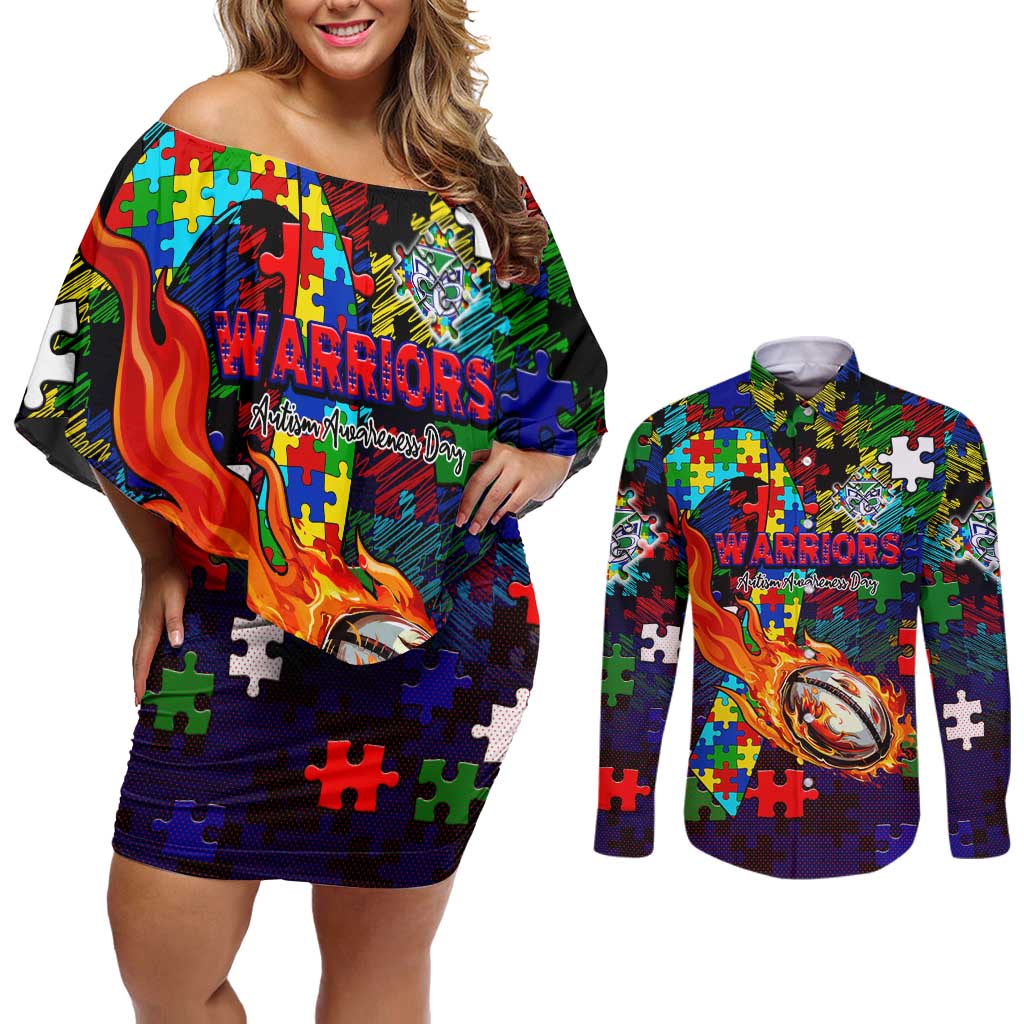 New Zealand Warriors Autism Awareness Couples Matching Off Shoulder Short Dress and Long Sleeve Button Shirt Puzzle Flames Rugby Ball