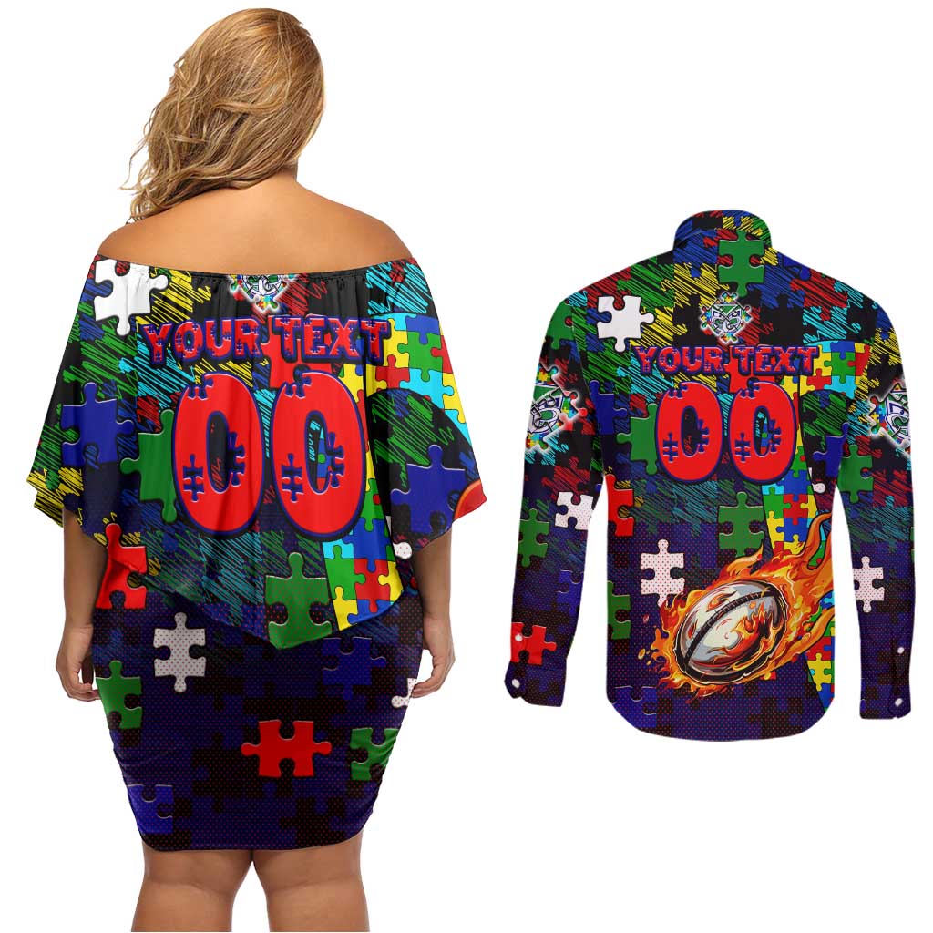 New Zealand Warriors Autism Awareness Couples Matching Off Shoulder Short Dress and Long Sleeve Button Shirt Puzzle Flames Rugby Ball