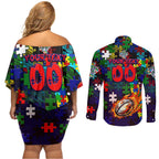 New Zealand Warriors Autism Awareness Couples Matching Off Shoulder Short Dress and Long Sleeve Button Shirt Puzzle Flames Rugby Ball