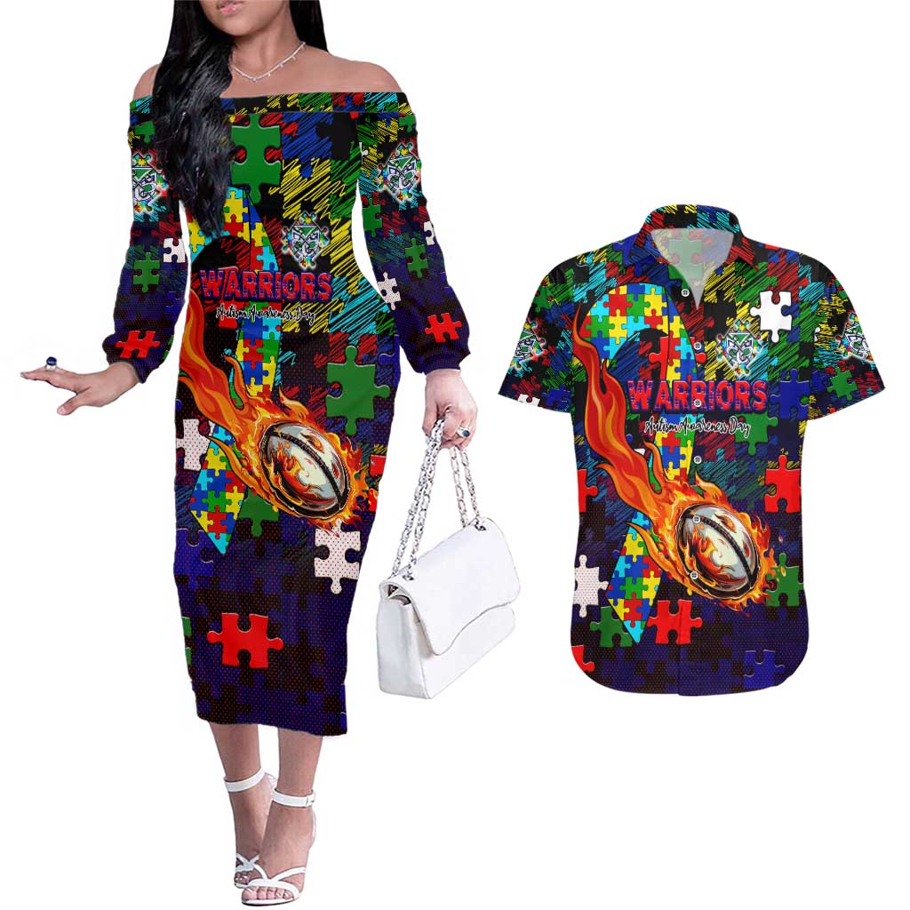 New Zealand Warriors Autism Awareness Couples Matching Off The Shoulder Long Sleeve Dress and Hawaiian Shirt Puzzle Flames Rugby Ball