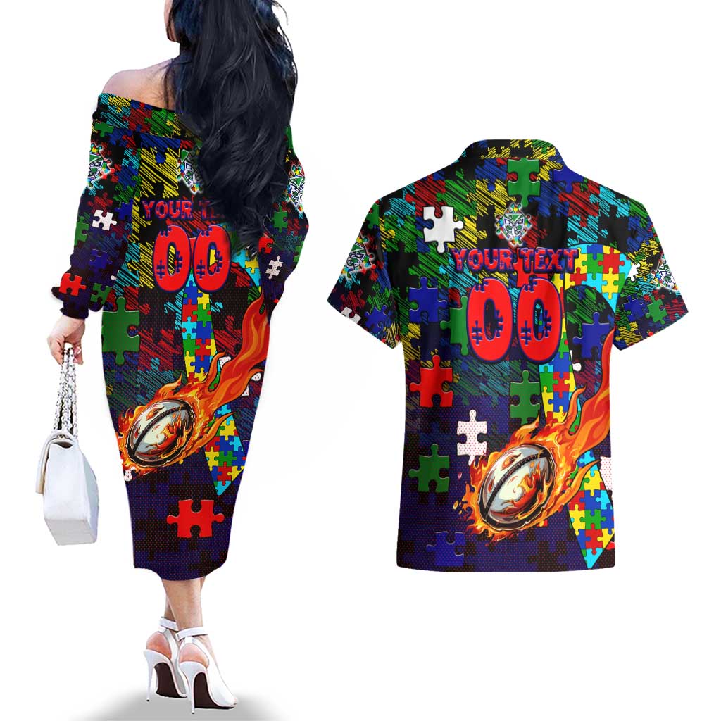 New Zealand Warriors Autism Awareness Couples Matching Off The Shoulder Long Sleeve Dress and Hawaiian Shirt Puzzle Flames Rugby Ball