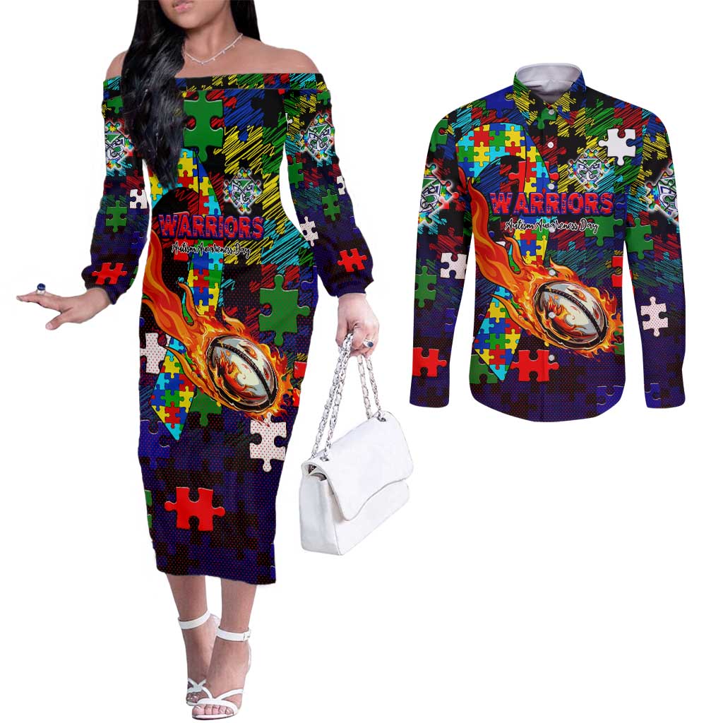New Zealand Warriors Autism Awareness Couples Matching Off The Shoulder Long Sleeve Dress and Long Sleeve Button Shirt Puzzle Flames Rugby Ball
