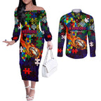 New Zealand Warriors Autism Awareness Couples Matching Off The Shoulder Long Sleeve Dress and Long Sleeve Button Shirt Puzzle Flames Rugby Ball