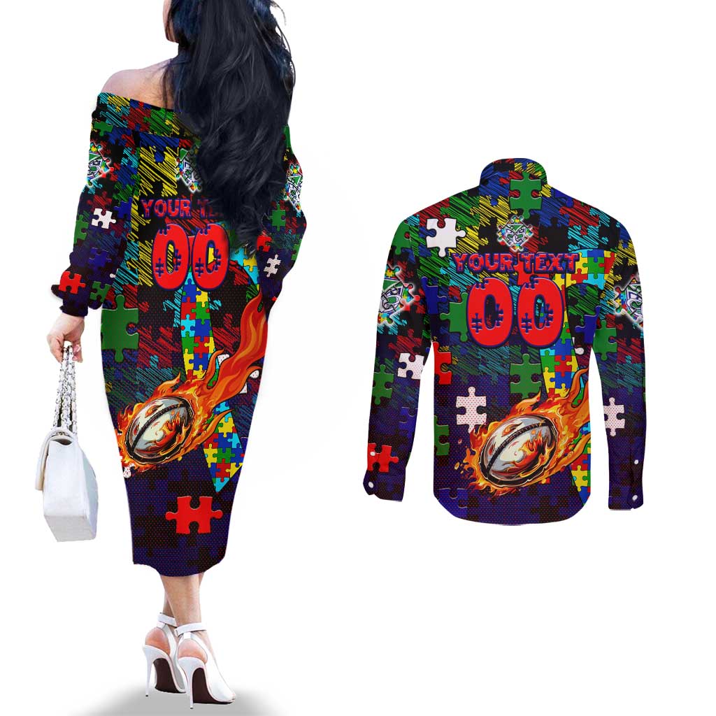 New Zealand Warriors Autism Awareness Couples Matching Off The Shoulder Long Sleeve Dress and Long Sleeve Button Shirt Puzzle Flames Rugby Ball