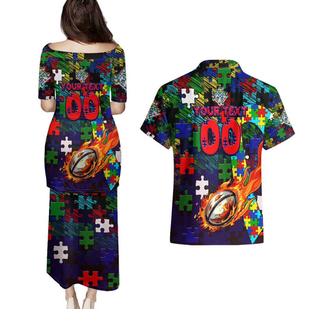 New Zealand Warriors Autism Awareness Couples Matching Puletasi and Hawaiian Shirt Puzzle Flames Rugby Ball