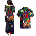 New Zealand Warriors Autism Awareness Couples Matching Puletasi and Hawaiian Shirt Puzzle Flames Rugby Ball