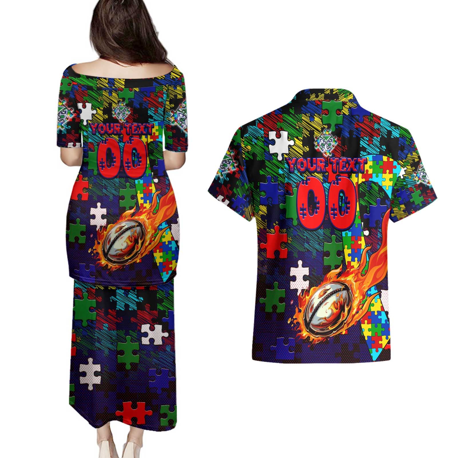 New Zealand Warriors Autism Awareness Couples Matching Puletasi and Hawaiian Shirt Puzzle Flames Rugby Ball