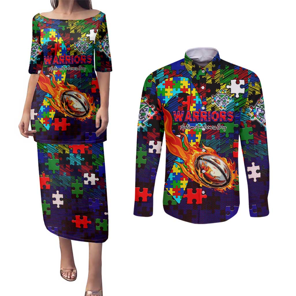 New Zealand Warriors Autism Awareness Couples Matching Puletasi and Long Sleeve Button Shirt Puzzle Flames Rugby Ball