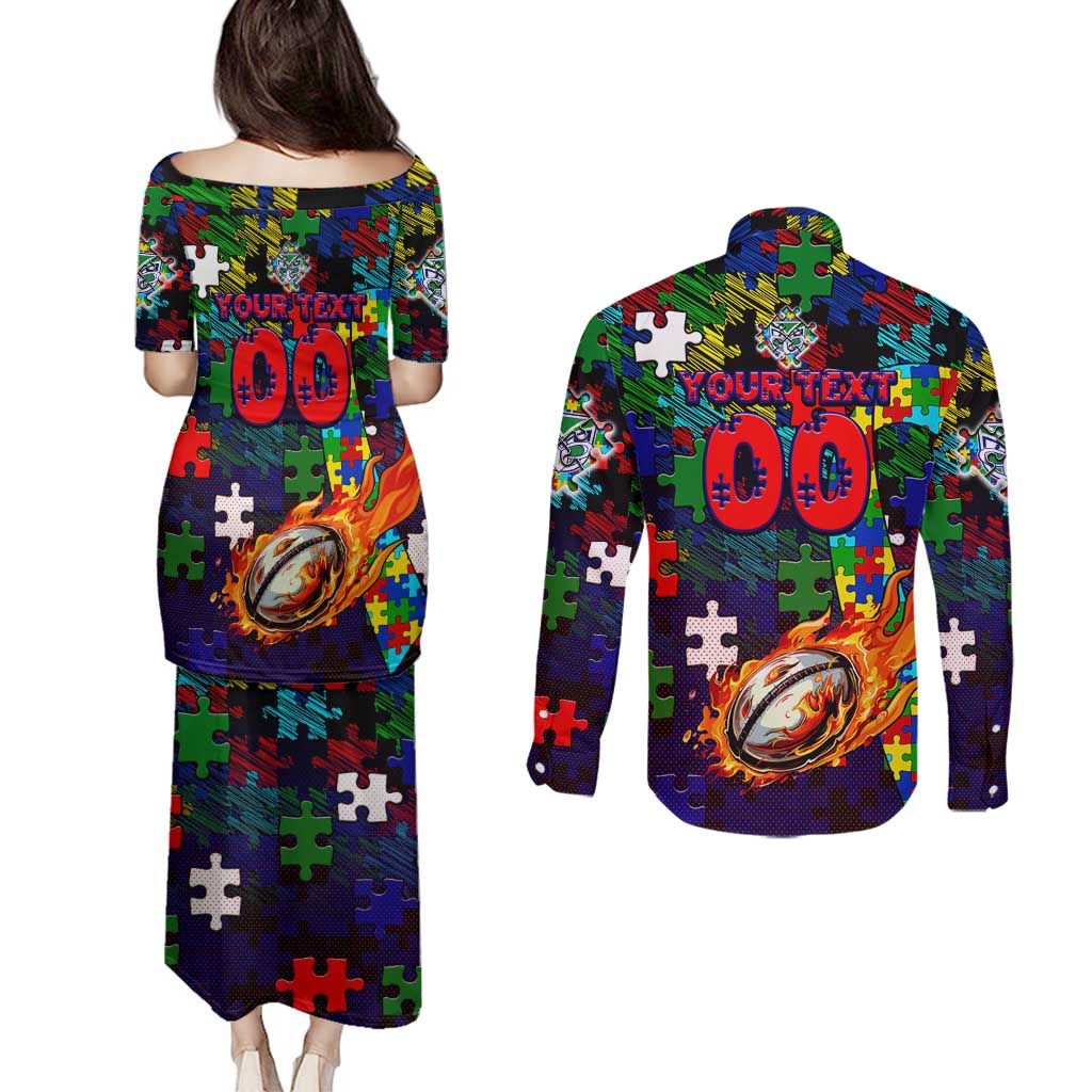 New Zealand Warriors Autism Awareness Couples Matching Puletasi and Long Sleeve Button Shirt Puzzle Flames Rugby Ball