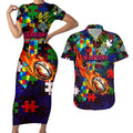 New Zealand Warriors Autism Awareness Couples Matching Short Sleeve Bodycon Dress and Hawaiian Shirt Puzzle Flames Rugby Ball