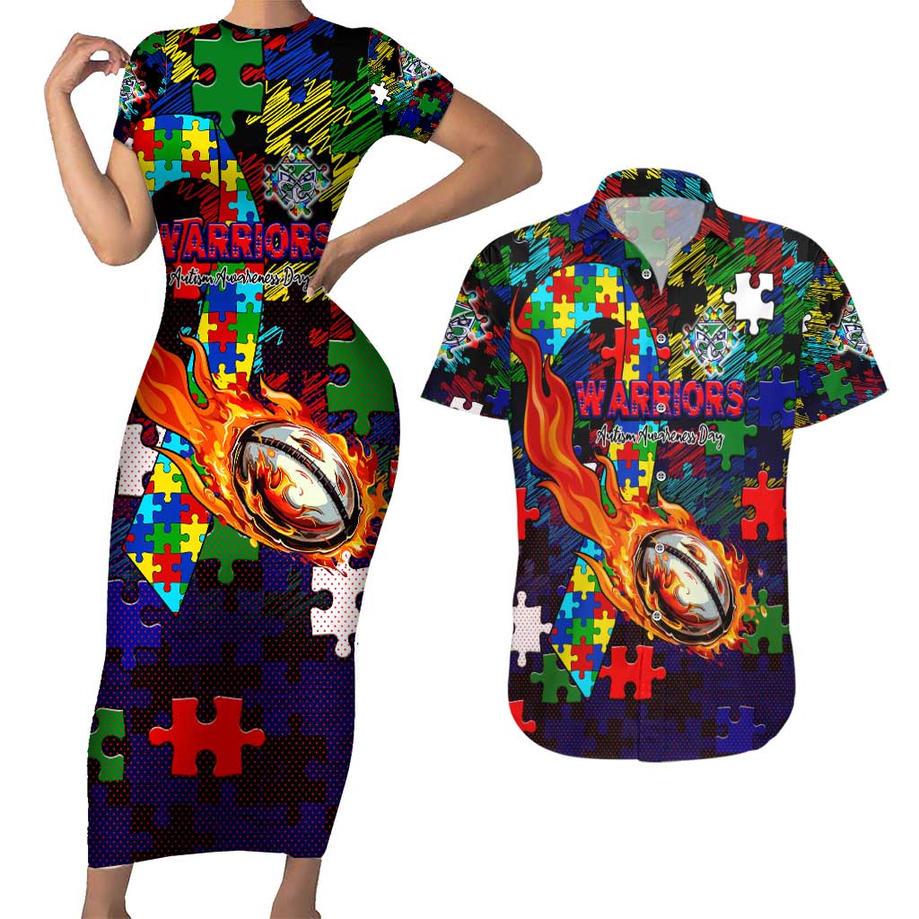 New Zealand Warriors Autism Awareness Couples Matching Short Sleeve Bodycon Dress and Hawaiian Shirt Puzzle Flames Rugby Ball