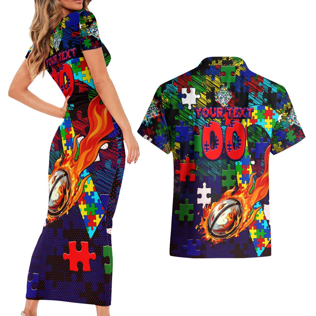 New Zealand Warriors Autism Awareness Couples Matching Short Sleeve Bodycon Dress and Hawaiian Shirt Puzzle Flames Rugby Ball