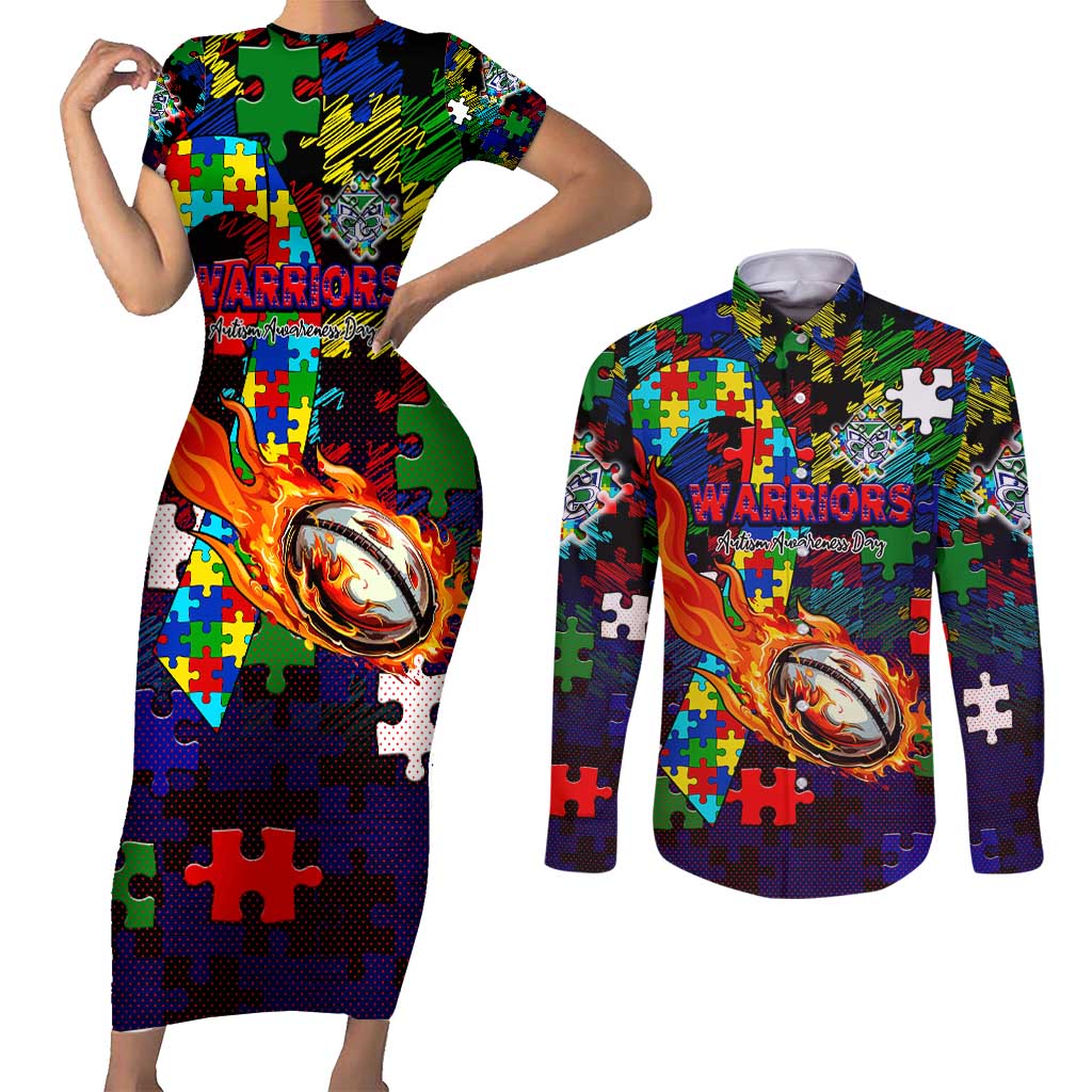 New Zealand Warriors Autism Awareness Couples Matching Short Sleeve Bodycon Dress and Long Sleeve Button Shirt Puzzle Flames Rugby Ball