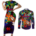 New Zealand Warriors Autism Awareness Couples Matching Short Sleeve Bodycon Dress and Long Sleeve Button Shirt Puzzle Flames Rugby Ball