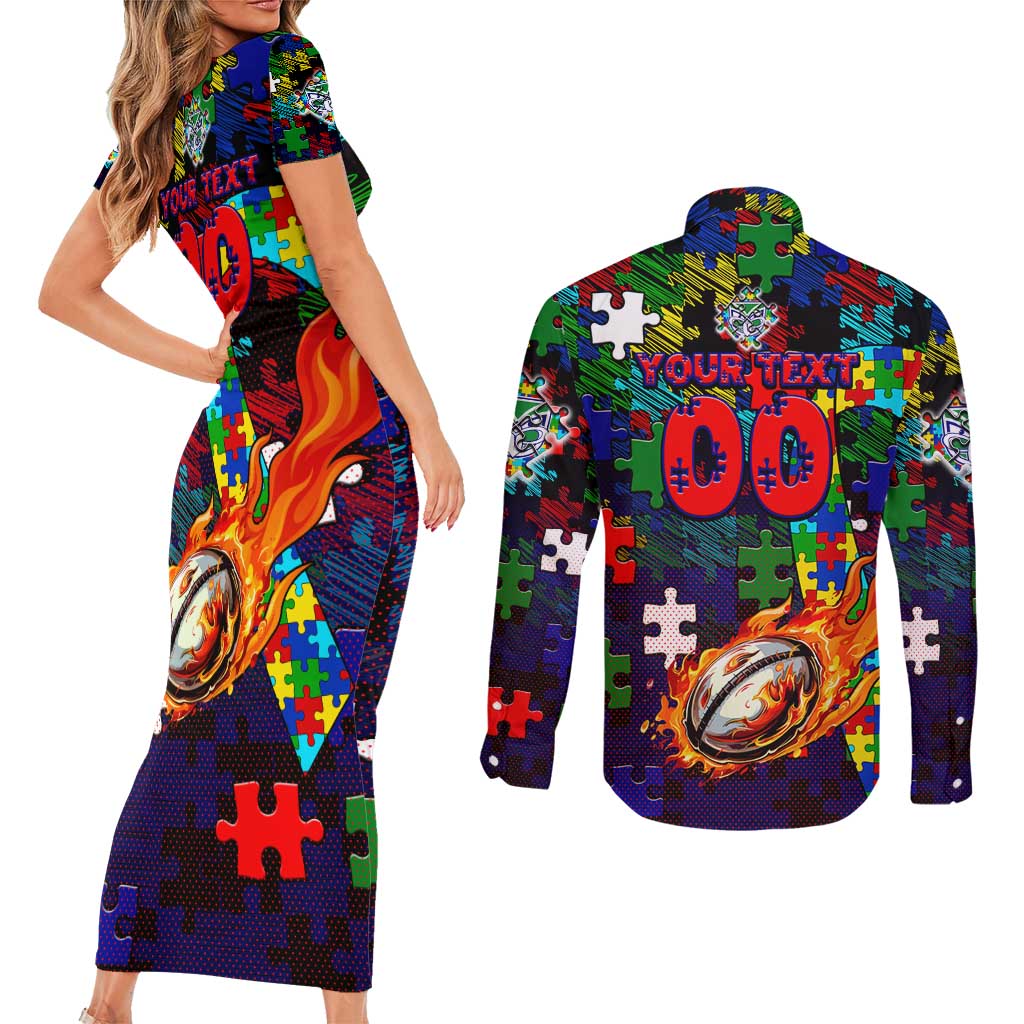 New Zealand Warriors Autism Awareness Couples Matching Short Sleeve Bodycon Dress and Long Sleeve Button Shirt Puzzle Flames Rugby Ball