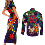 New Zealand Warriors Autism Awareness Couples Matching Short Sleeve Bodycon Dress and Long Sleeve Button Shirt Puzzle Flames Rugby Ball