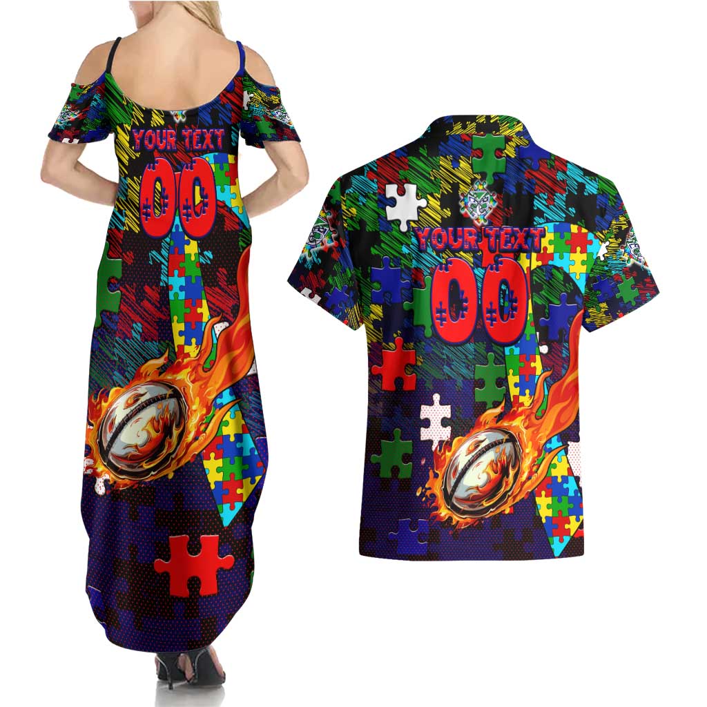 New Zealand Warriors Autism Awareness Couples Matching Summer Maxi Dress and Hawaiian Shirt Puzzle Flames Rugby Ball