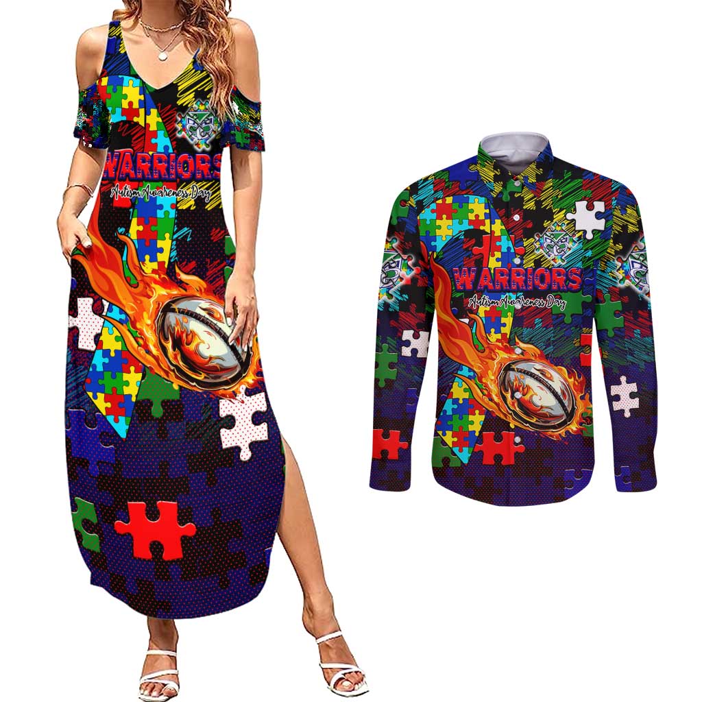 New Zealand Warriors Autism Awareness Couples Matching Summer Maxi Dress and Long Sleeve Button Shirt Puzzle Flames Rugby Ball