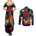 New Zealand Warriors Autism Awareness Couples Matching Summer Maxi Dress and Long Sleeve Button Shirt Puzzle Flames Rugby Ball
