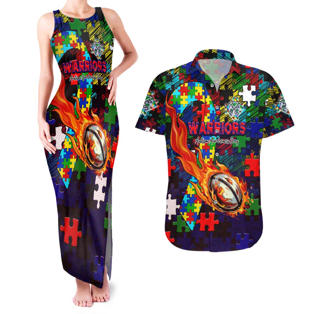 New Zealand Warriors Autism Awareness Couples Matching Tank Maxi Dress and Hawaiian Shirt Puzzle Flames Rugby Ball