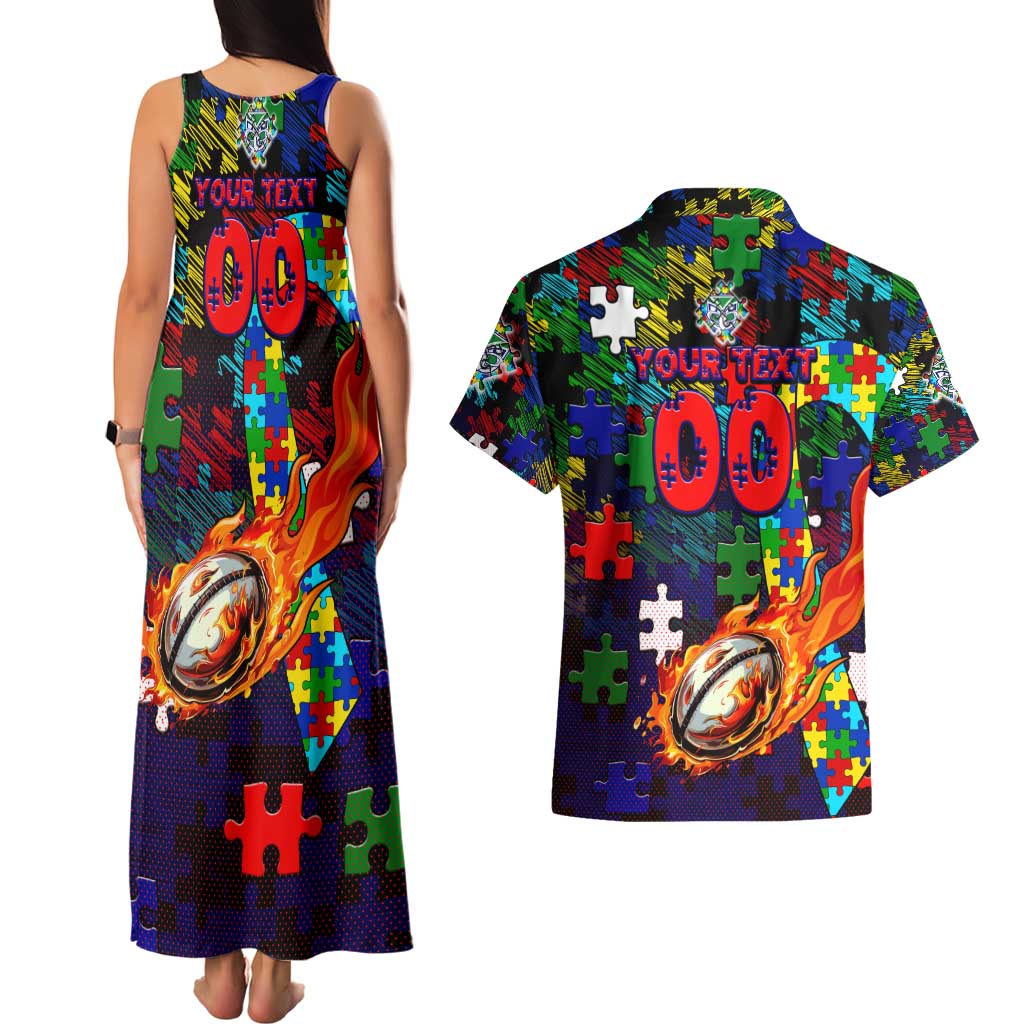 New Zealand Warriors Autism Awareness Couples Matching Tank Maxi Dress and Hawaiian Shirt Puzzle Flames Rugby Ball