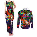 New Zealand Warriors Autism Awareness Couples Matching Tank Maxi Dress and Long Sleeve Button Shirt Puzzle Flames Rugby Ball