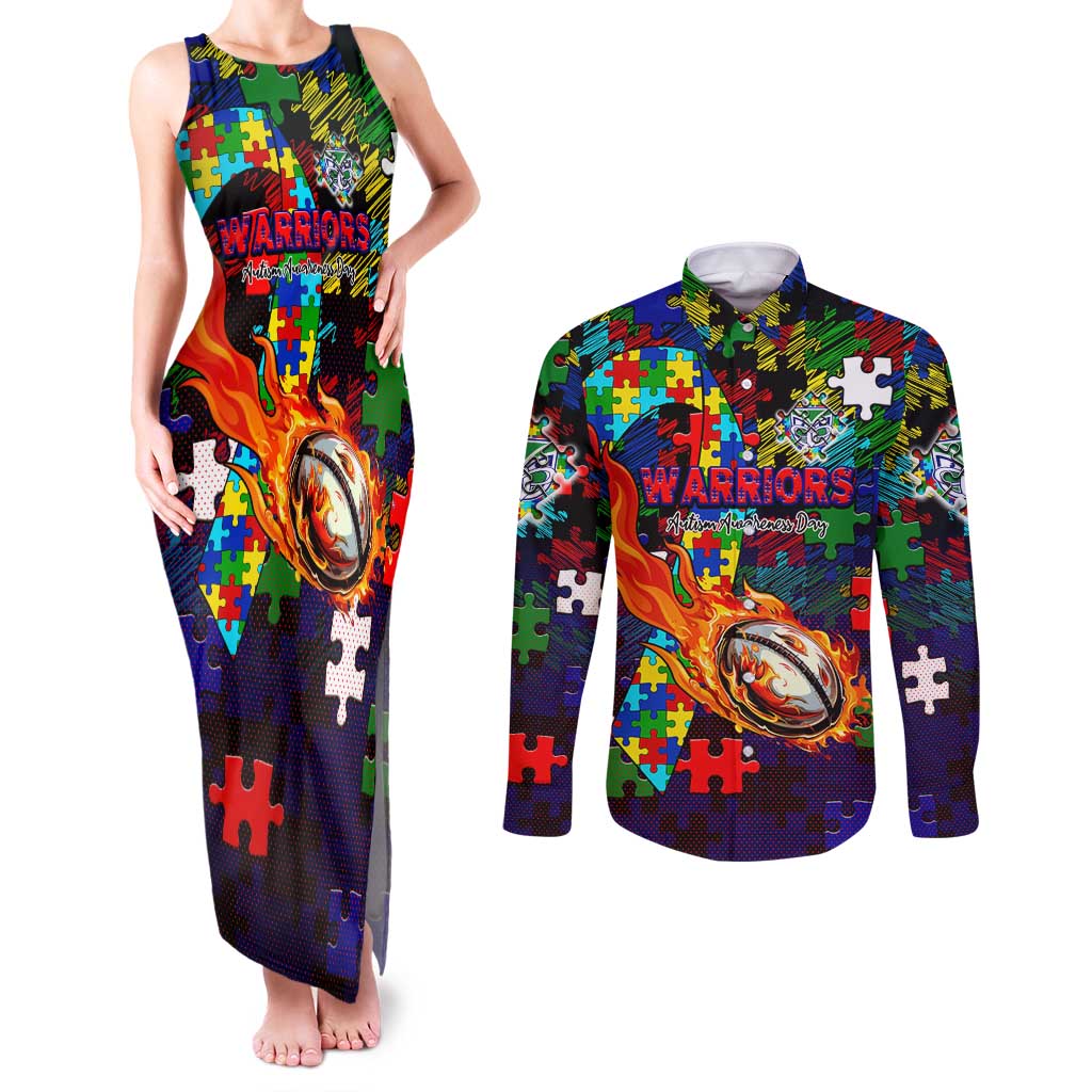 New Zealand Warriors Autism Awareness Couples Matching Tank Maxi Dress and Long Sleeve Button Shirt Puzzle Flames Rugby Ball