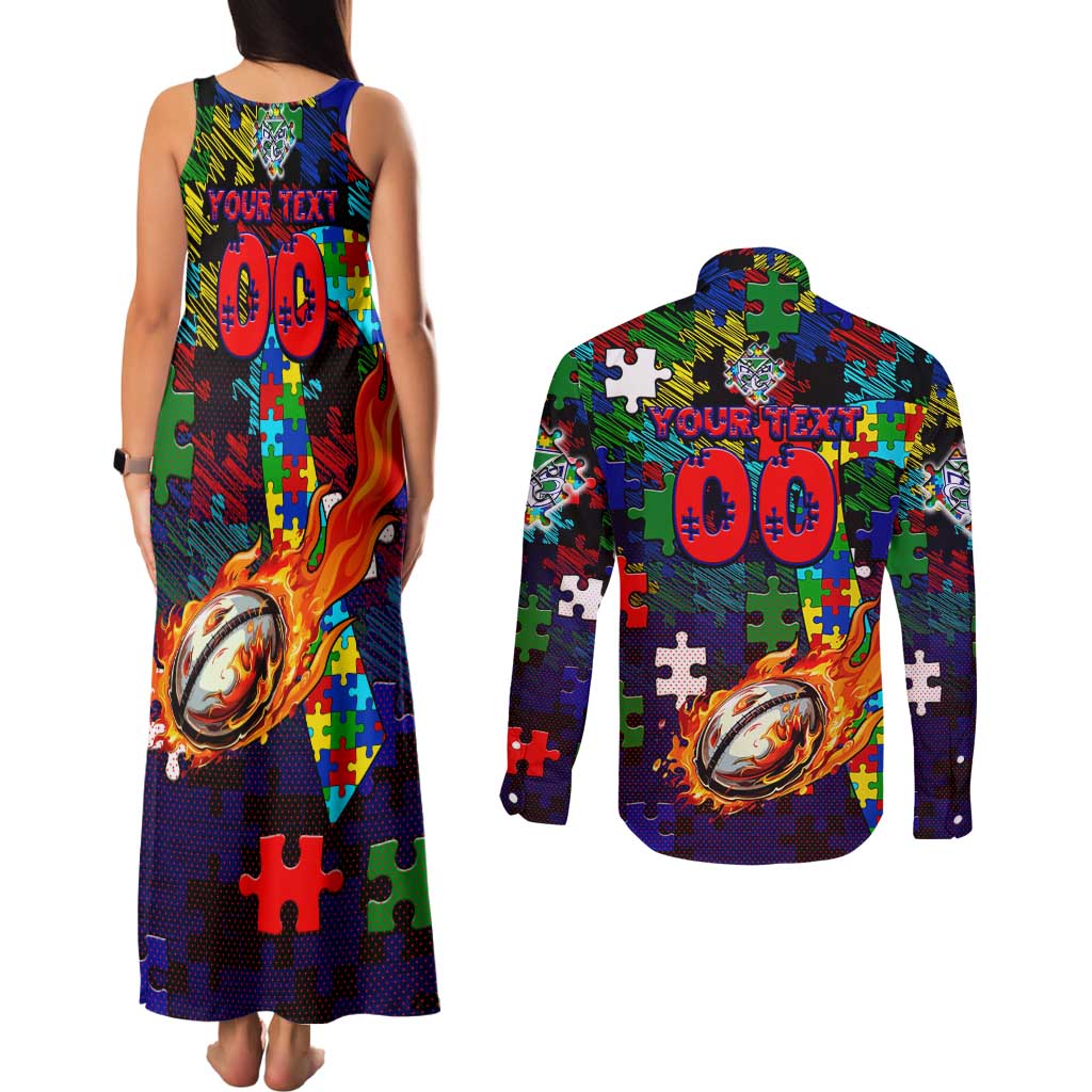 New Zealand Warriors Autism Awareness Couples Matching Tank Maxi Dress and Long Sleeve Button Shirt Puzzle Flames Rugby Ball
