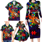 New Zealand Warriors Autism Awareness Family Matching Long Sleeve Bodycon Dress and Hawaiian Shirt Puzzle Flames Rugby Ball