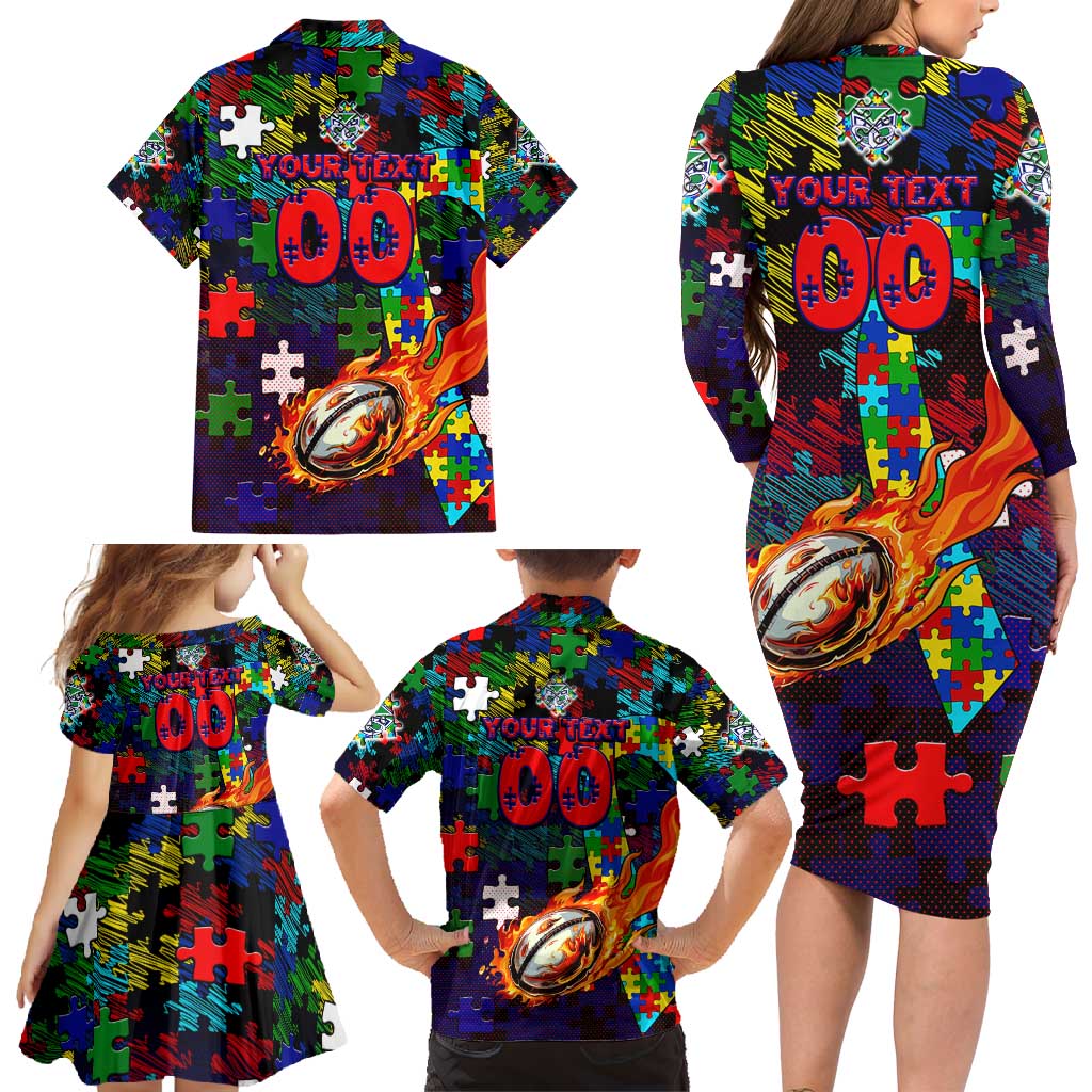 New Zealand Warriors Autism Awareness Family Matching Long Sleeve Bodycon Dress and Hawaiian Shirt Puzzle Flames Rugby Ball