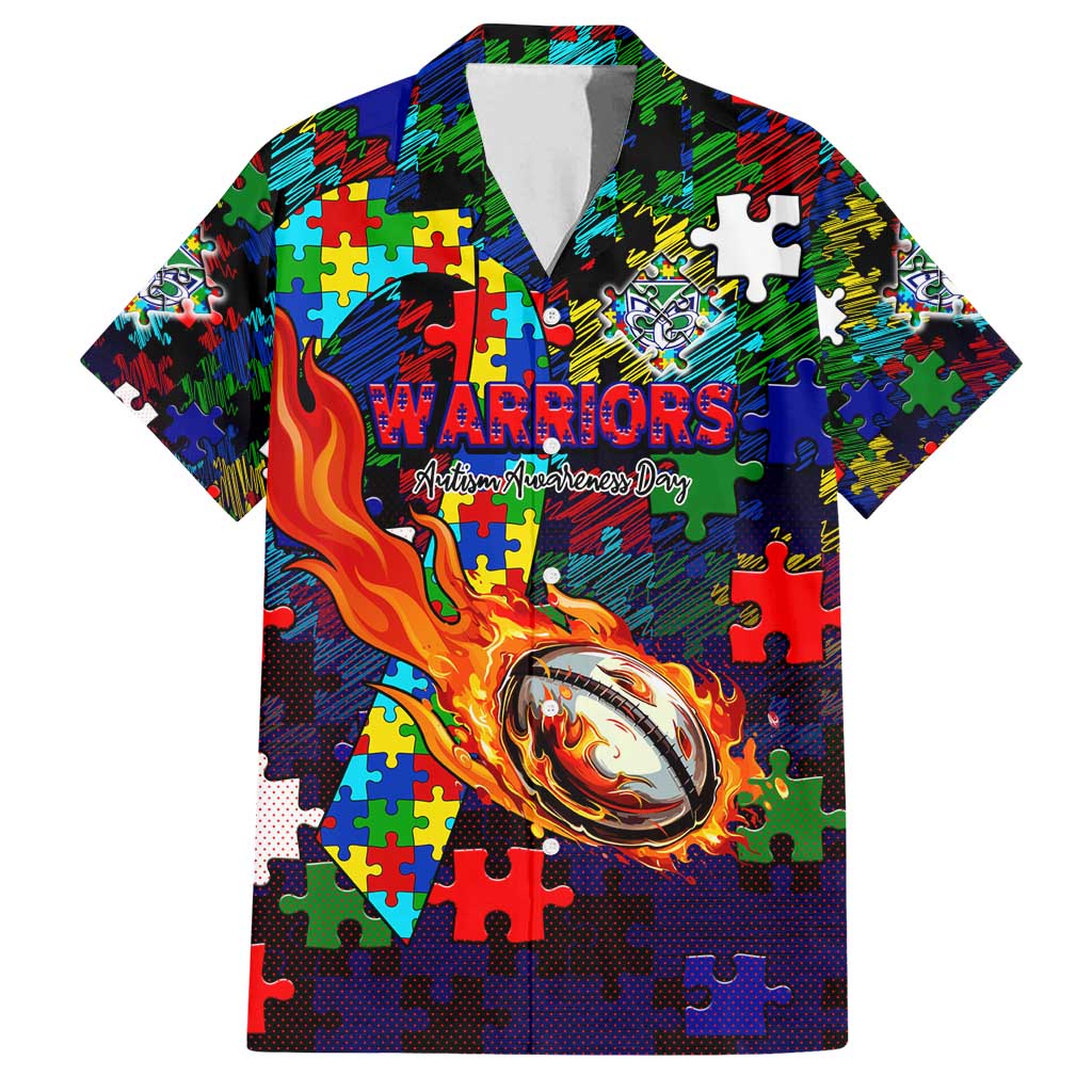 New Zealand Warriors Autism Awareness Family Matching Long Sleeve Bodycon Dress and Hawaiian Shirt Puzzle Flames Rugby Ball